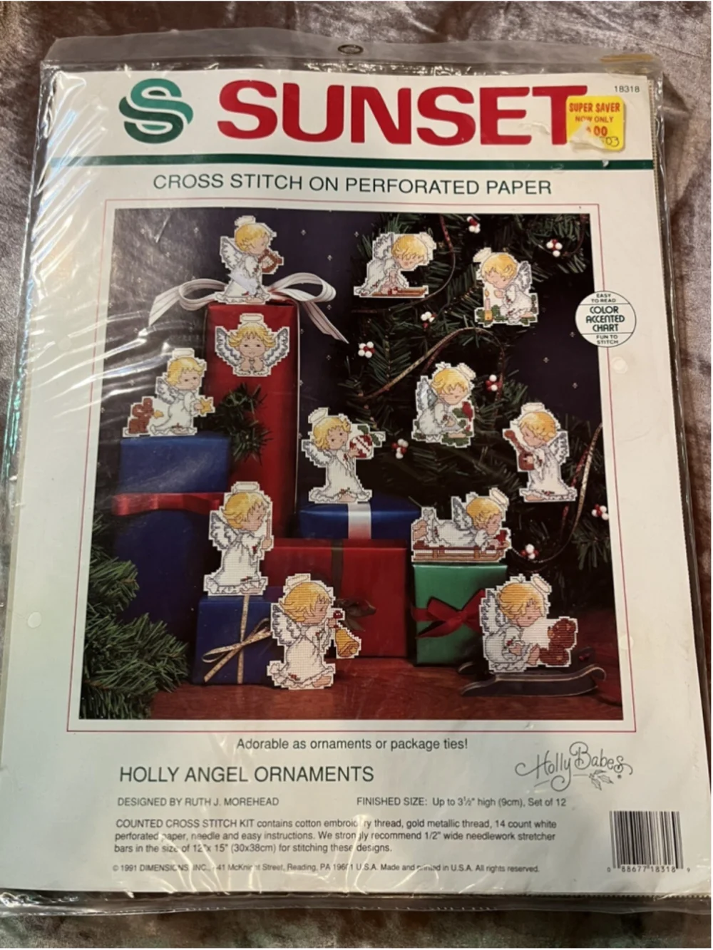 Sunset HOLLY ANGEL ORNAMENTS 1991 Perforated Paper Cross Stitch Kit Morehead